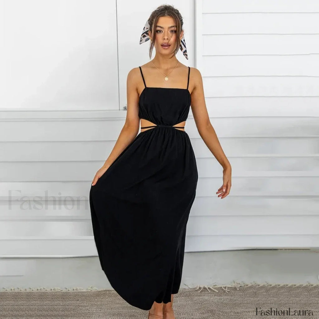 Black Ruffle Lace Up Midi Dress Black / S