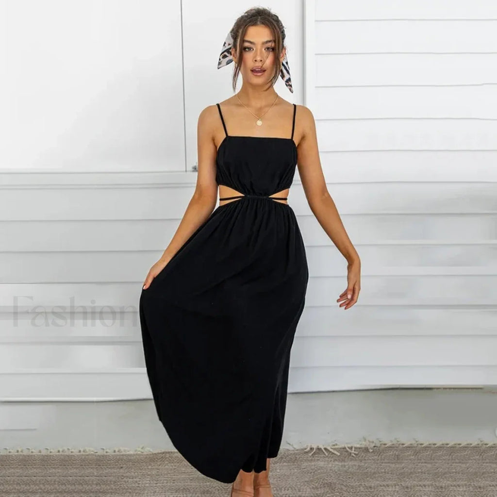 Black Ruffle Lace Up Midi Dress Black / S