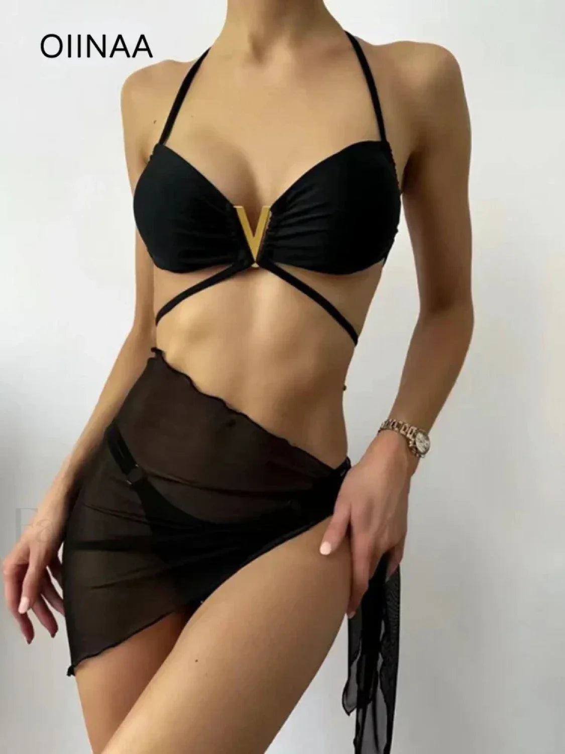Black Sequined Halter Three Piece Set Main image