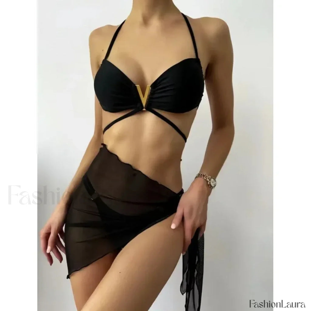 Black Sequined Halter Three Piece Set Black / S