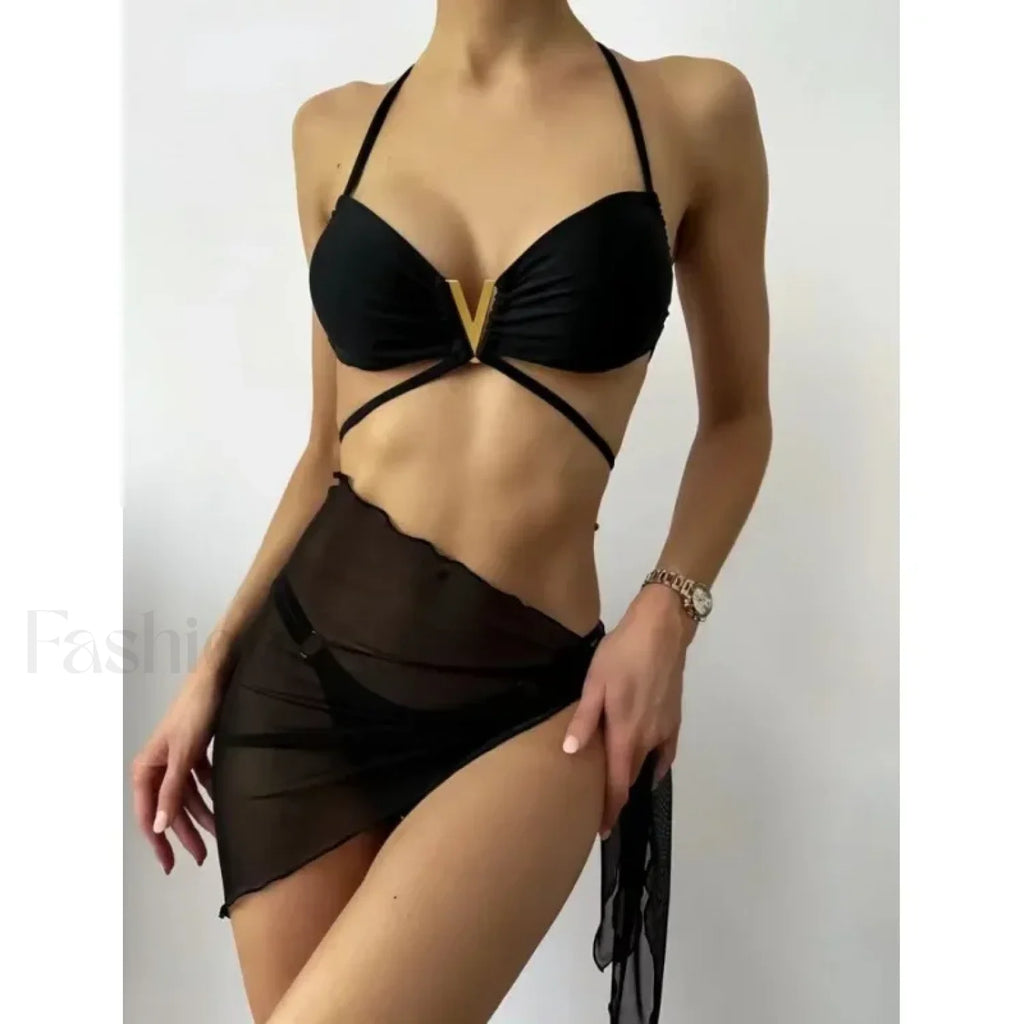 Black Sequined Halter Three Piece Set Black / S
