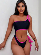 Black Single Shoulder Lace Up One Piece
