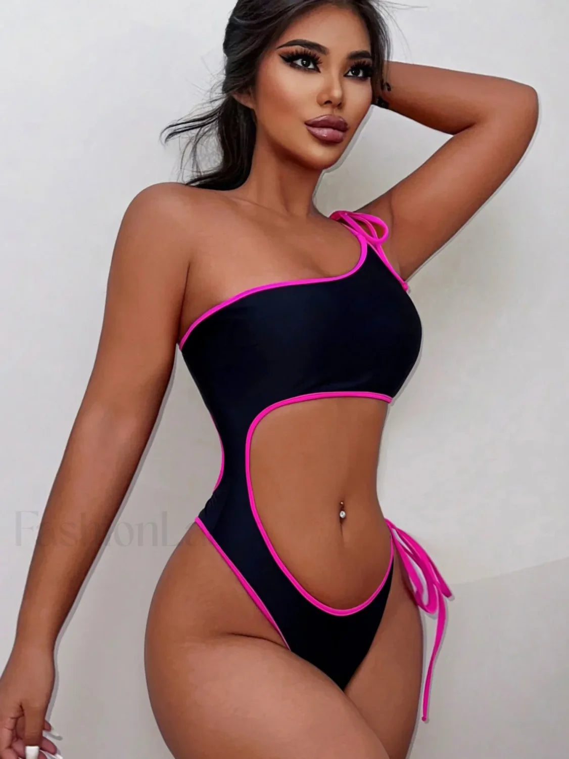 Black Single Shoulder Lace Up One Piece Black / S Main image