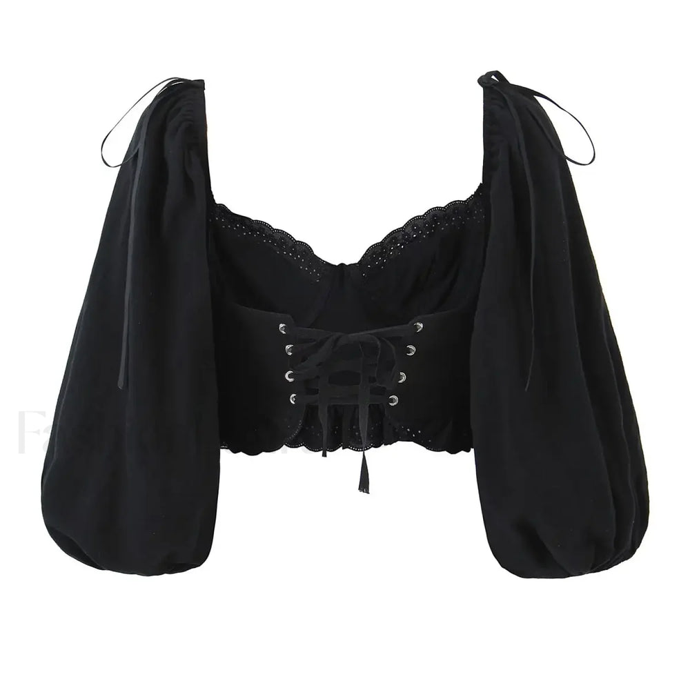 Black Wire Corset Cross Bandage Backless Cropped Tops Blouse