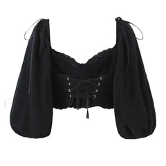 Black Wire Corset Cross Bandage Backless Cropped Tops Blouse