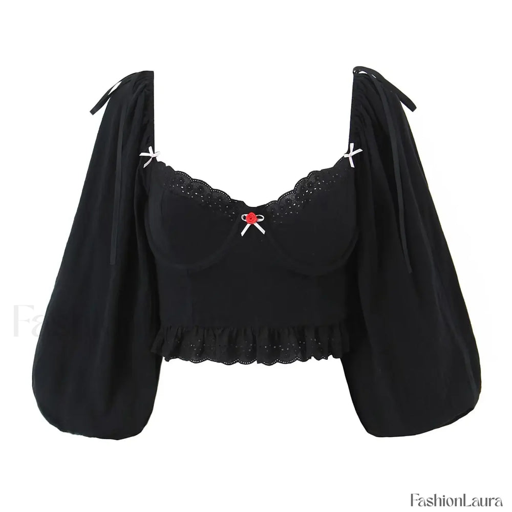 Black Wire Corset Cross Bandage Backless Cropped Tops Blouse