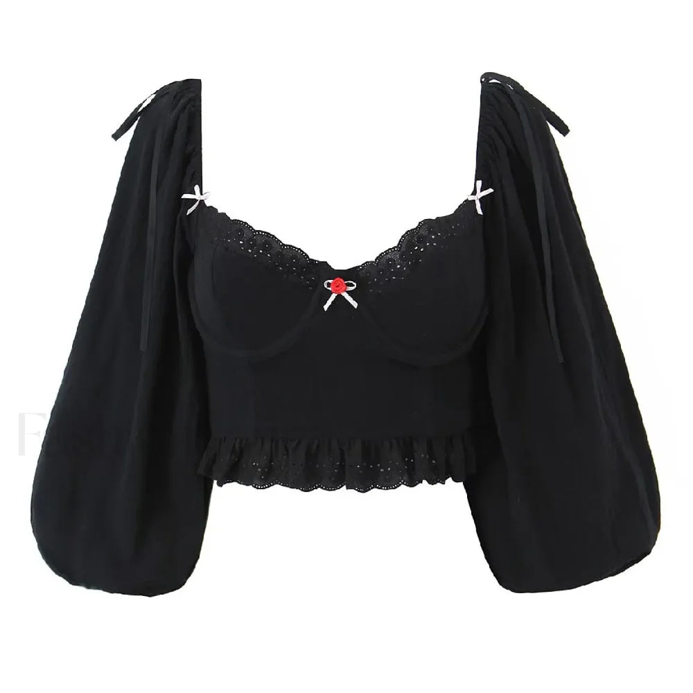 Black Wire Corset Cross Bandage Backless Cropped Tops Blouse Black / S