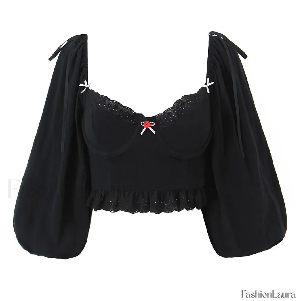 Black Wire Corset Cross Bandage Backless Cropped Tops Blouse Black / S