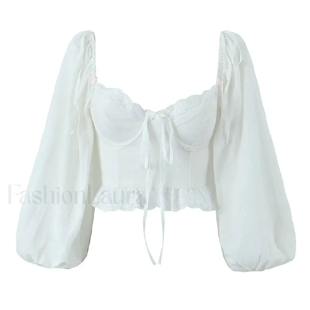 Black Wire Corset Cross Bandage Backless Cropped Tops Blouse WHITE / S