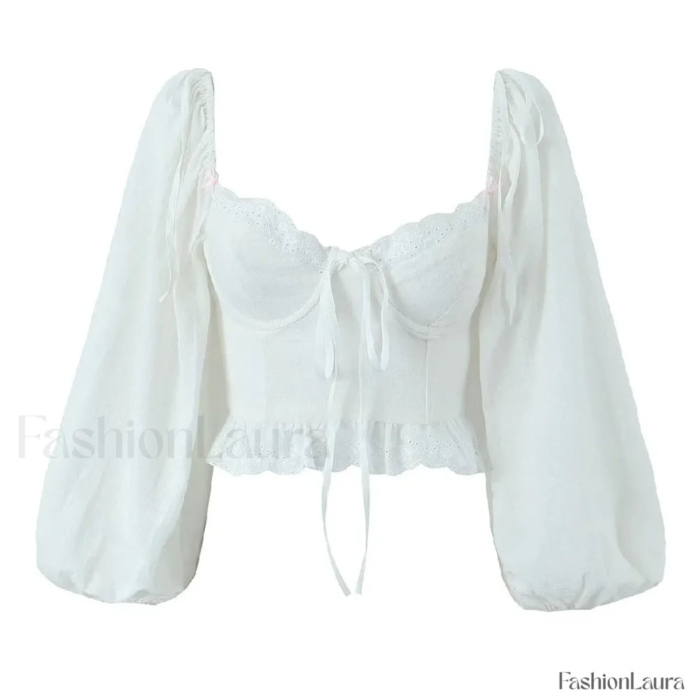 Black Wire Corset Cross Bandage Backless Cropped Tops Blouse WHITE / S