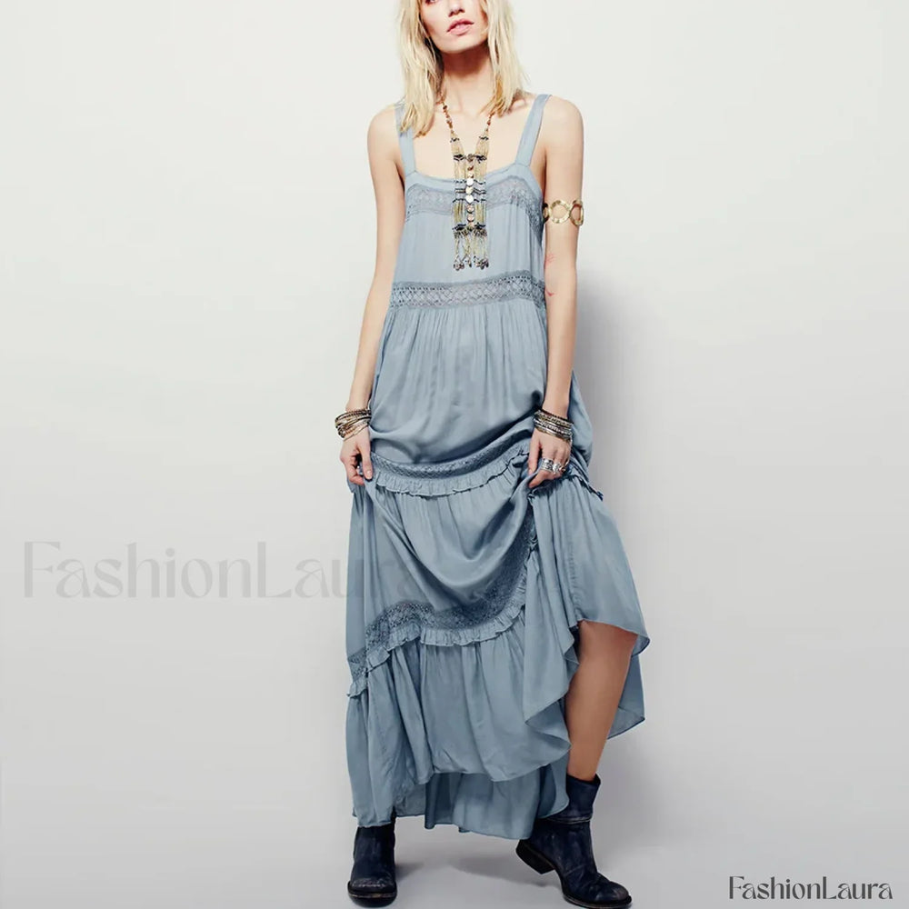 Blue Cotton Strap Maxi Boho Dress Blue / S