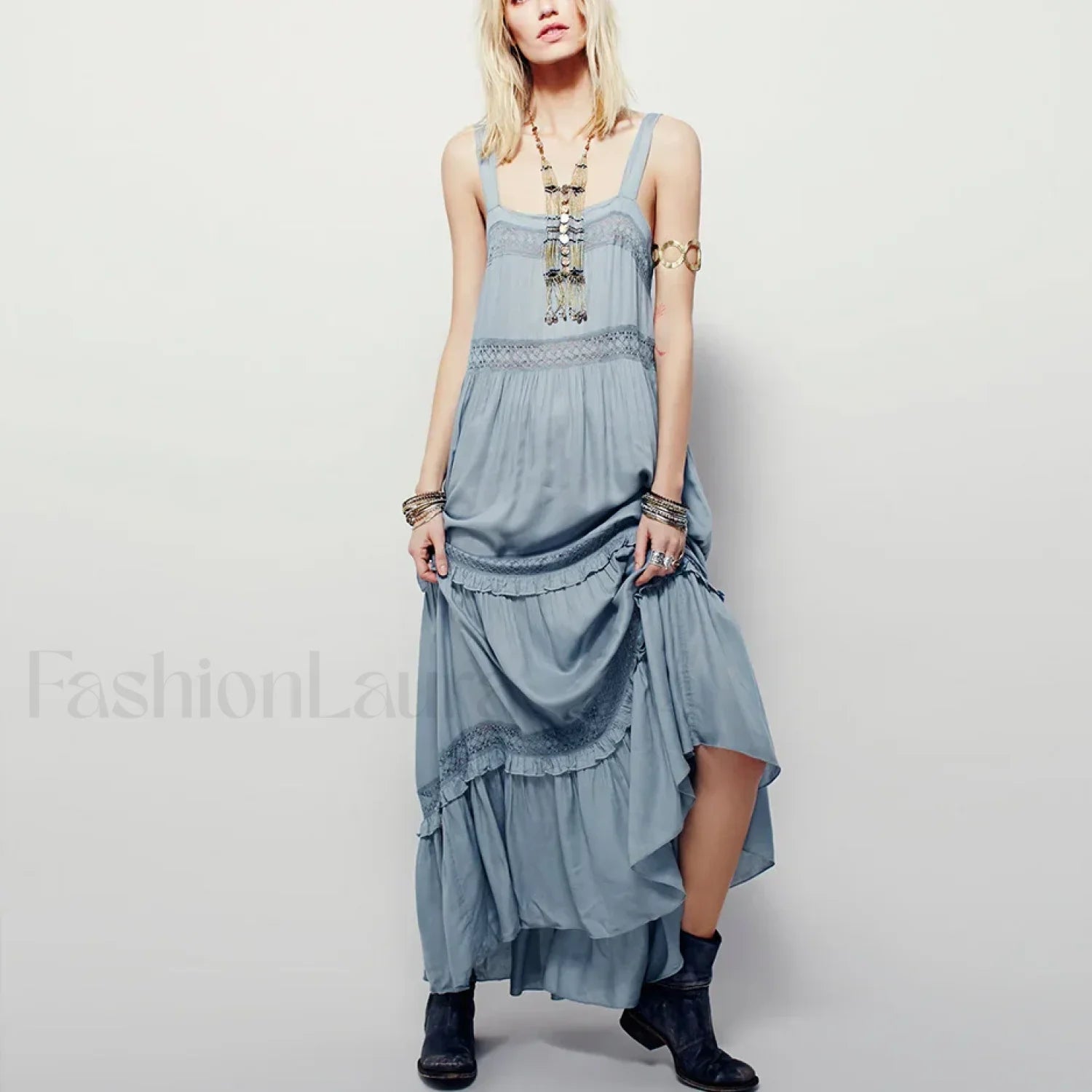 Blue Cotton Strap Maxi Boho Dress Blue / S Main image