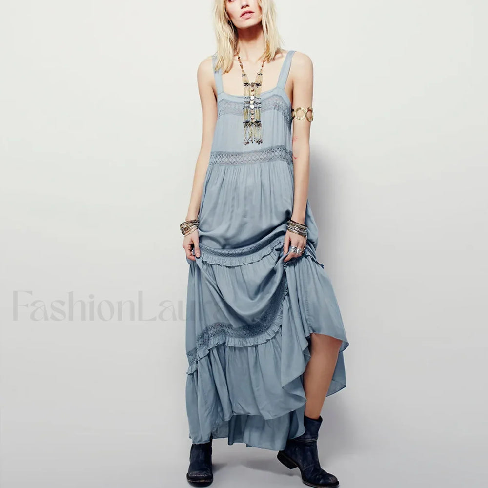 Blue Cotton Strap Maxi Boho Dress Blue / S