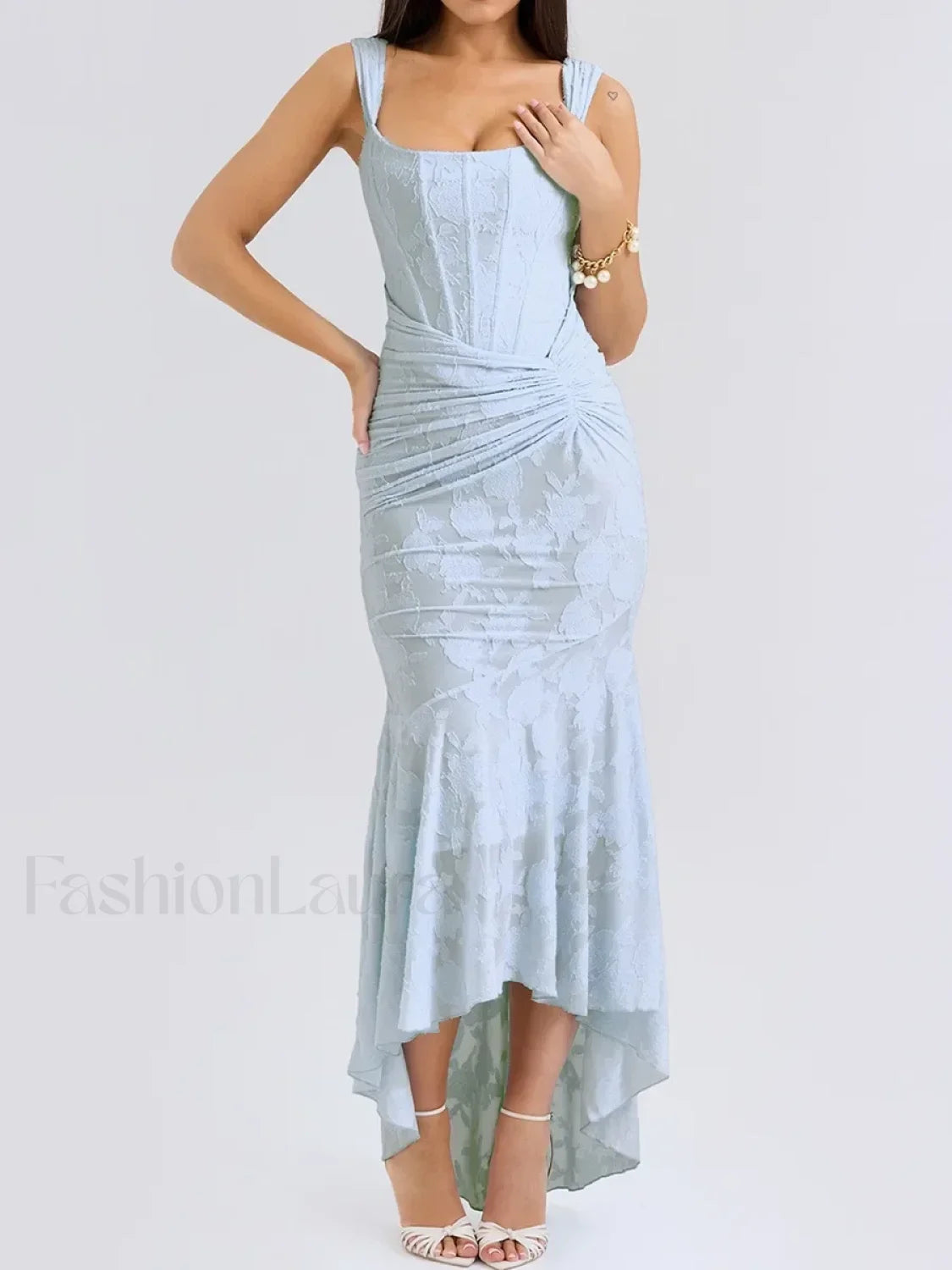 Blue Floral Gathered Maxi Dress Blue / XS