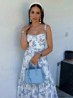 Blue Floral Print Casual Midi Dress Elegant Summer Floral Dress blue / S