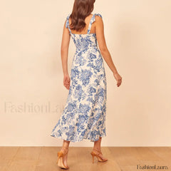 Blue Floral Tie Strap Midi Dress