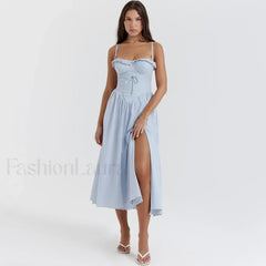 Blue High Split Lace Up Midi Dress blue / XS