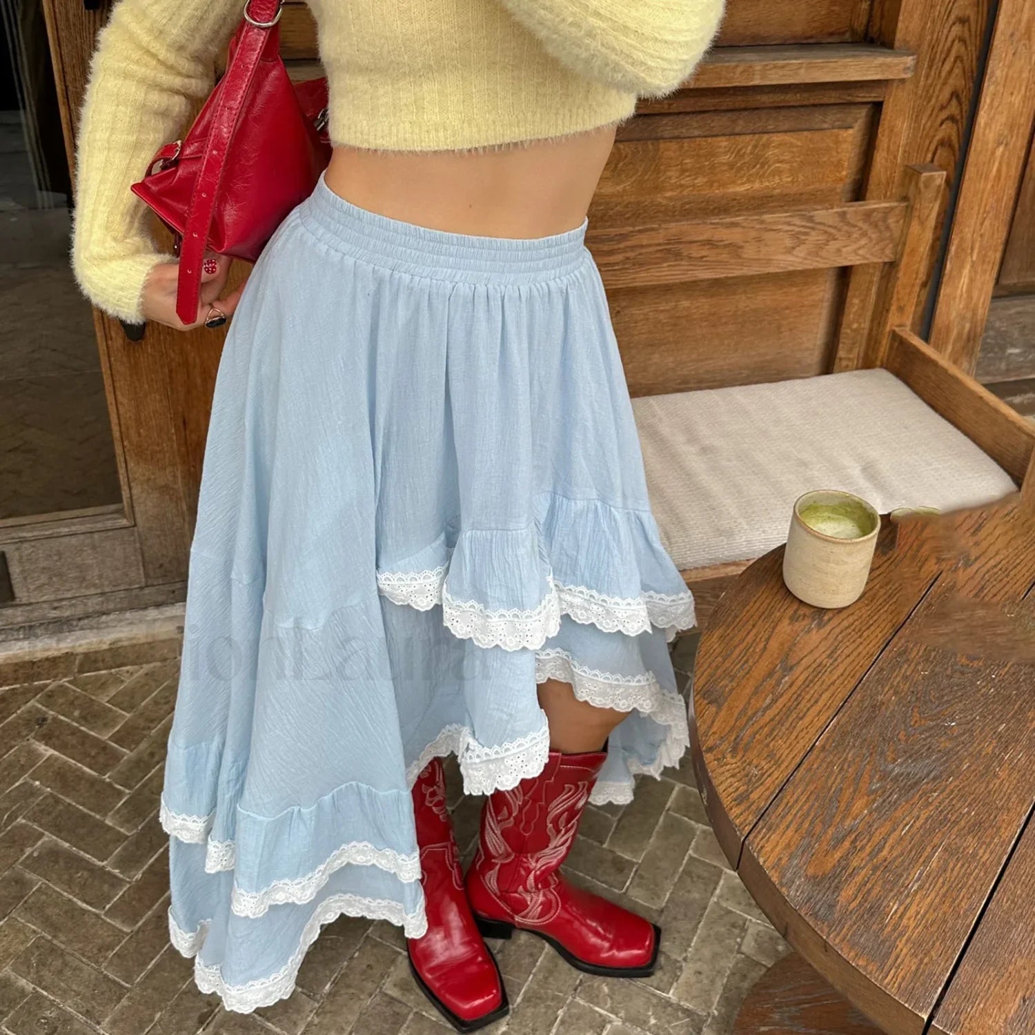 Blue Lace Patchwork Asymmetric Skirt Main image