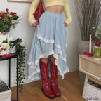 Blue Lace Patchwork Asymmetric Skirt