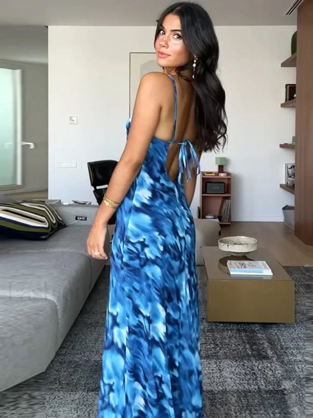 Blue Lace Up Maxi Floral Dress