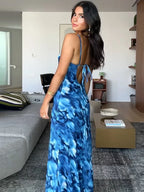 Blue Lace Up Maxi Floral Dress