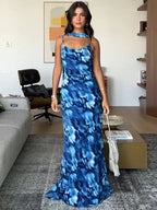 Blue Lace Up Maxi Floral Dress