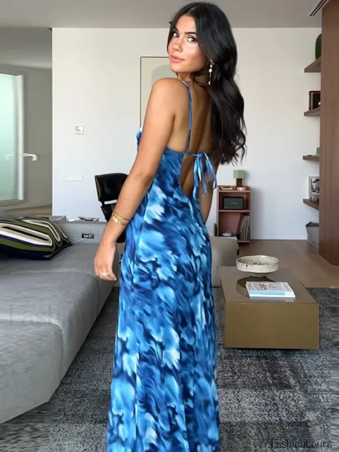 Blue Lace Up Maxi Floral Dress