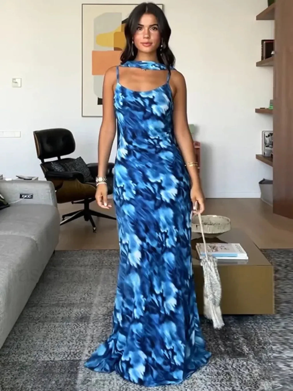 Blue Lace Up Maxi Floral Dress