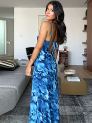 Blue Lace Up Maxi Floral Dress