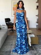 Blue Lace Up Maxi Floral Dress