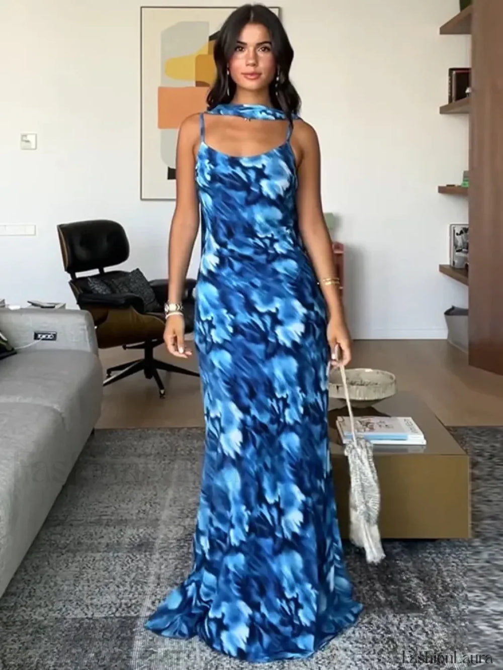 Blue Lace Up Maxi Floral Dress