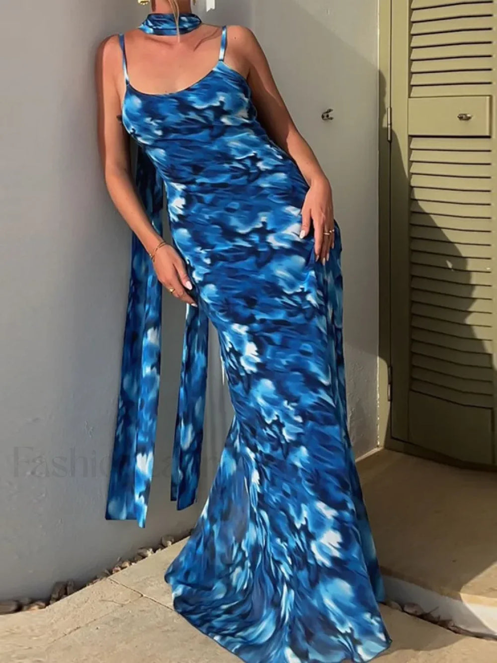 Blue Lace Up Maxi Floral Dress Blue / S