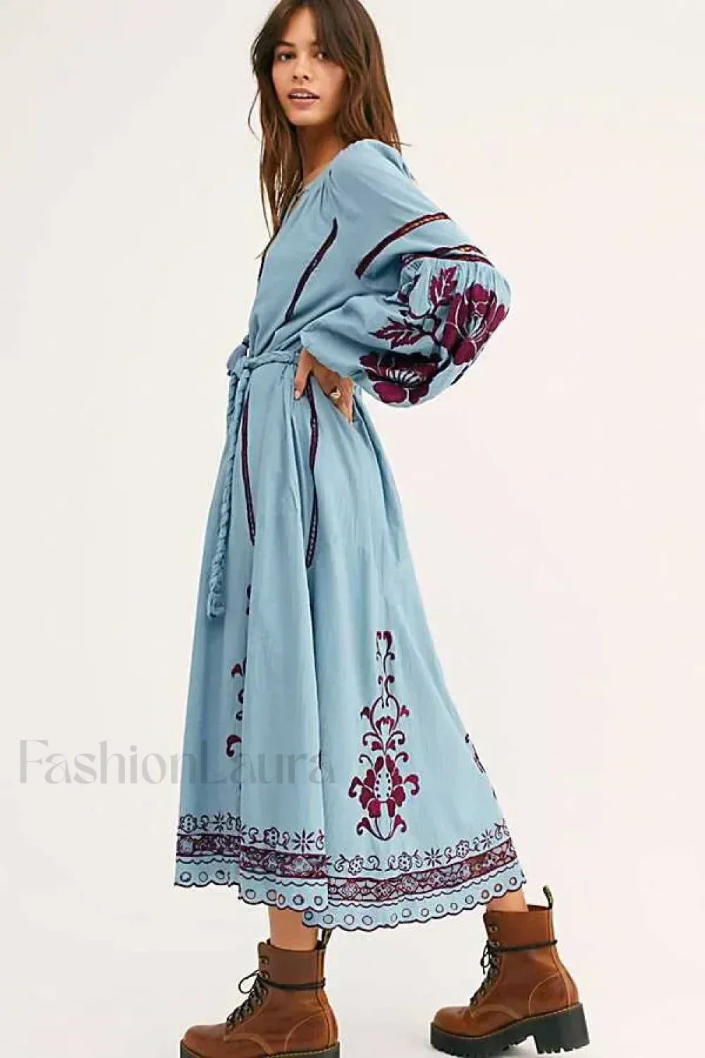 Blue Lantern Sleeve Tunic Boho Dress