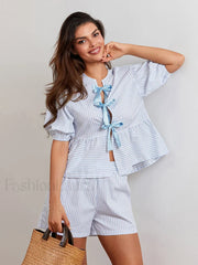 Blue Puff Sleeve Shorts Two Piece Set