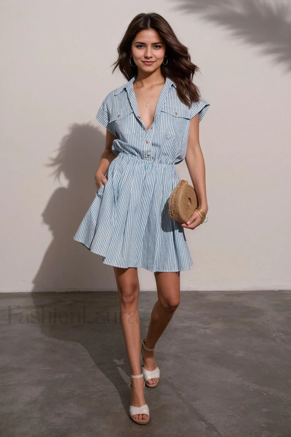 Blue Striped Collared Short Sleeve Bodycon Work Dress Blue / S Main image