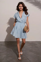 Blue Striped Collared Short Sleeve Bodycon Work Dress Blue / S