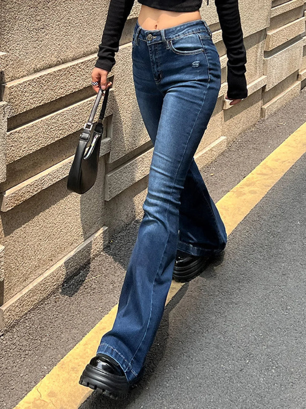 Blue Wash Distressed Stretch Flare Jeans Flare Jeans