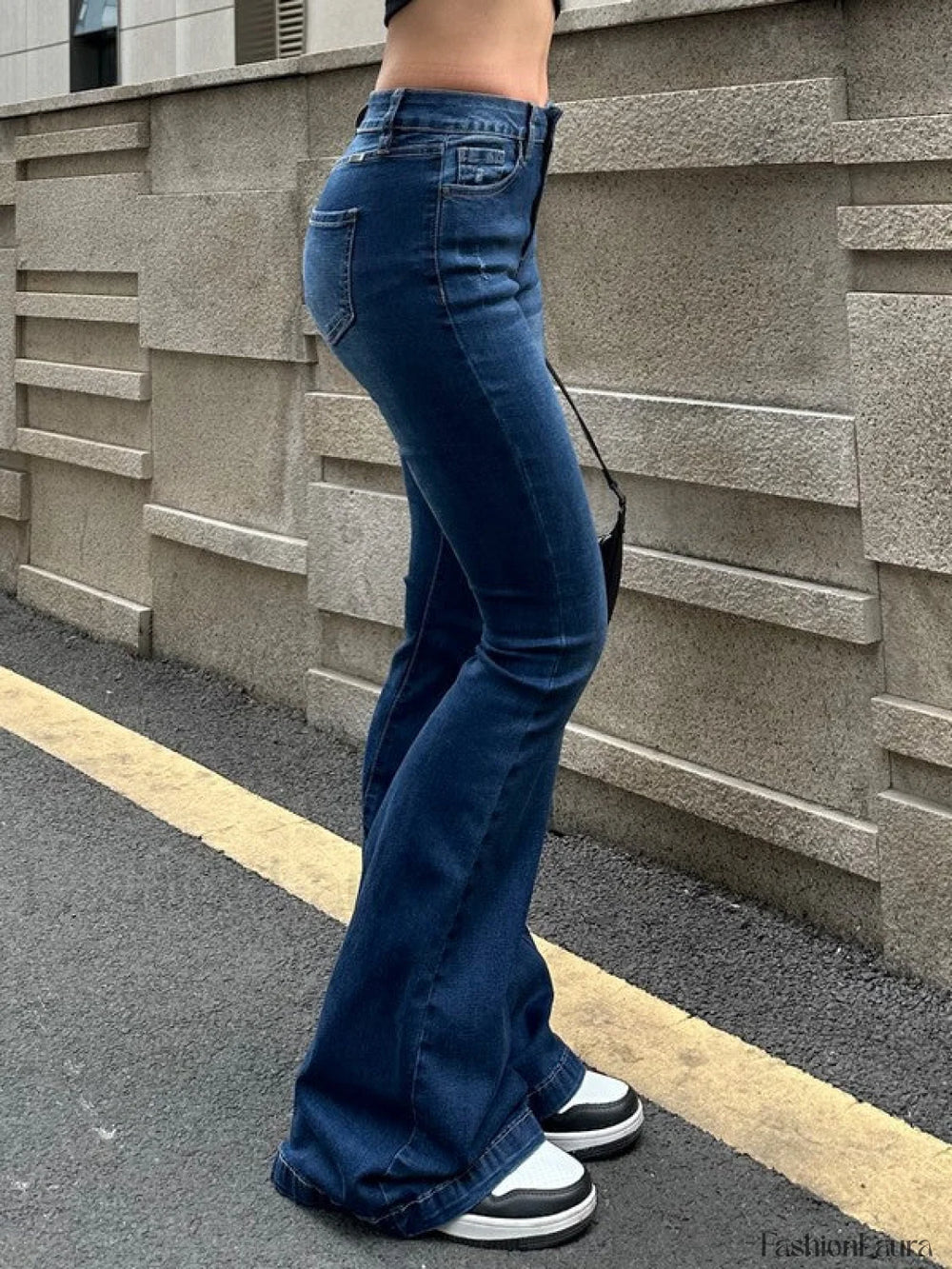 Blue Wash Distressed Stretch Flare Jeans Flare Jeans