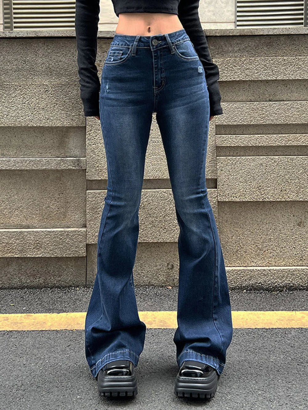 Blue Wash Distressed Stretch Flare Jeans Flare Jeans