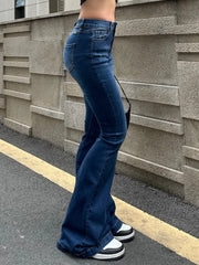 Blue Wash Distressed Stretch Flare Jeans Flare Jeans