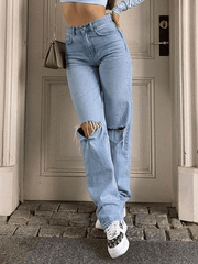 Blue Wash Straight Leg Knee Ripped Jeans Blue / S Jeans