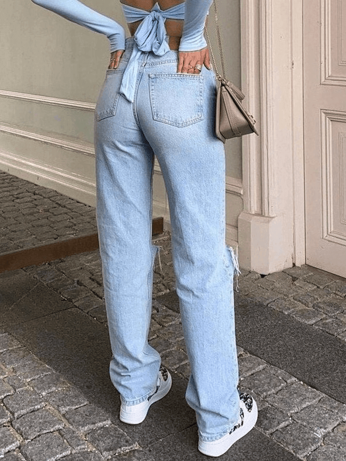 Blue Wash Straight Leg Knee Ripped Jeans Jeans