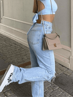 Blue Wash Straight Leg Knee Ripped Jeans Jeans