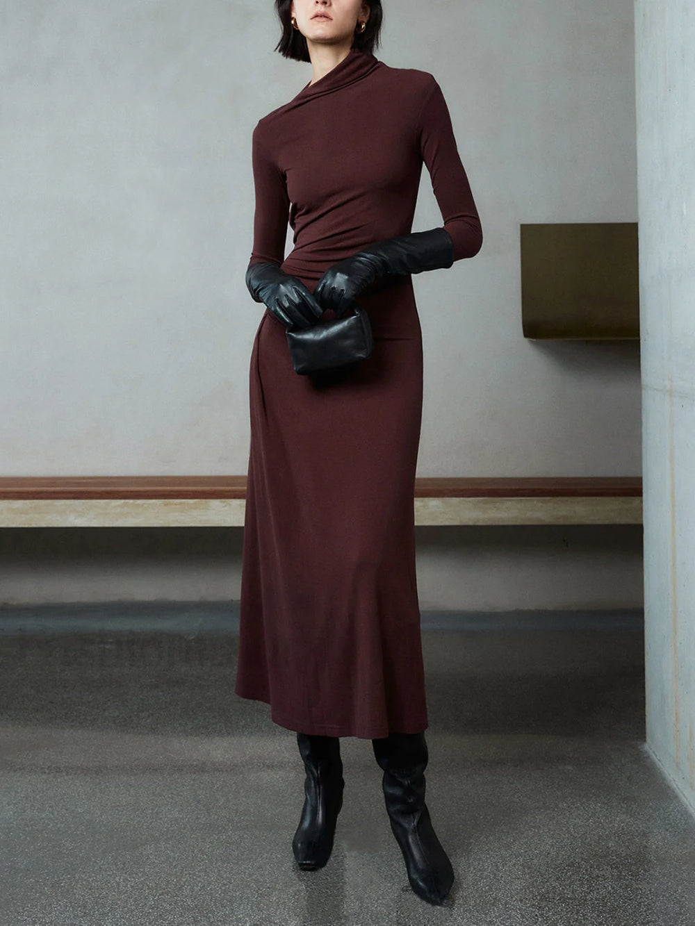 Bodycon Asymmetrical Neck Long Modern Sleeve Ruched Maxi Dress Dresses