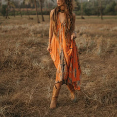 Bohemia Print Halter Boho Dress Orange / S