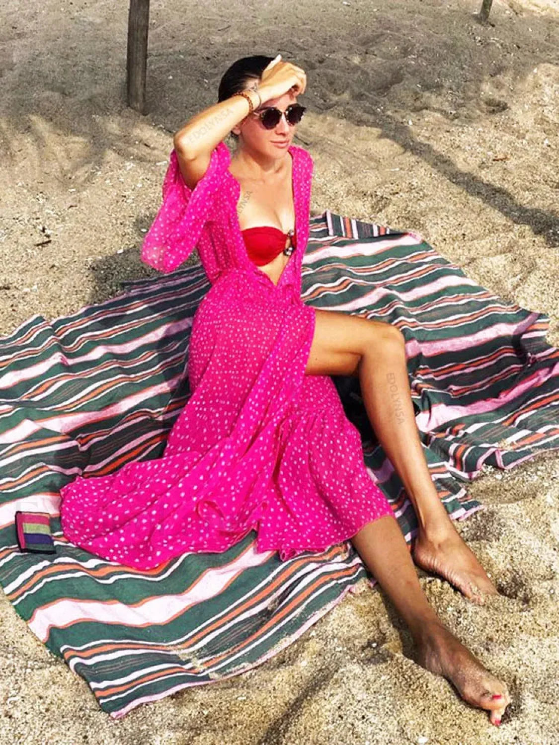 Bohemian Dot Ruffled Chiffon Cover Up Rose Red / One Size