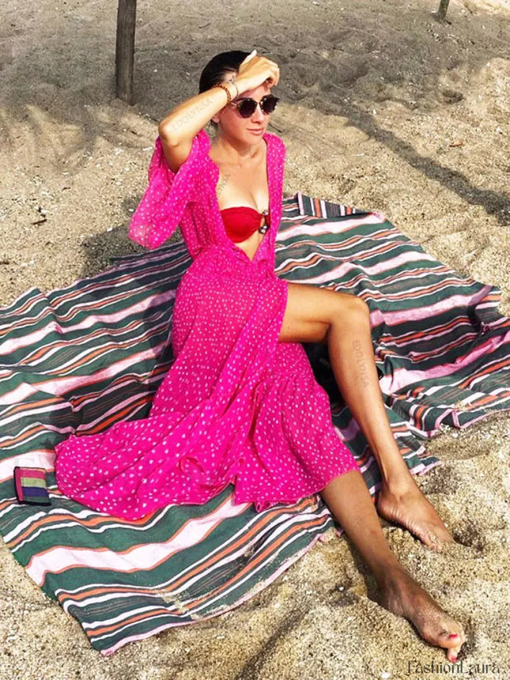Bohemian Dot Ruffled Chiffon Cover Up Rose Red / One Size