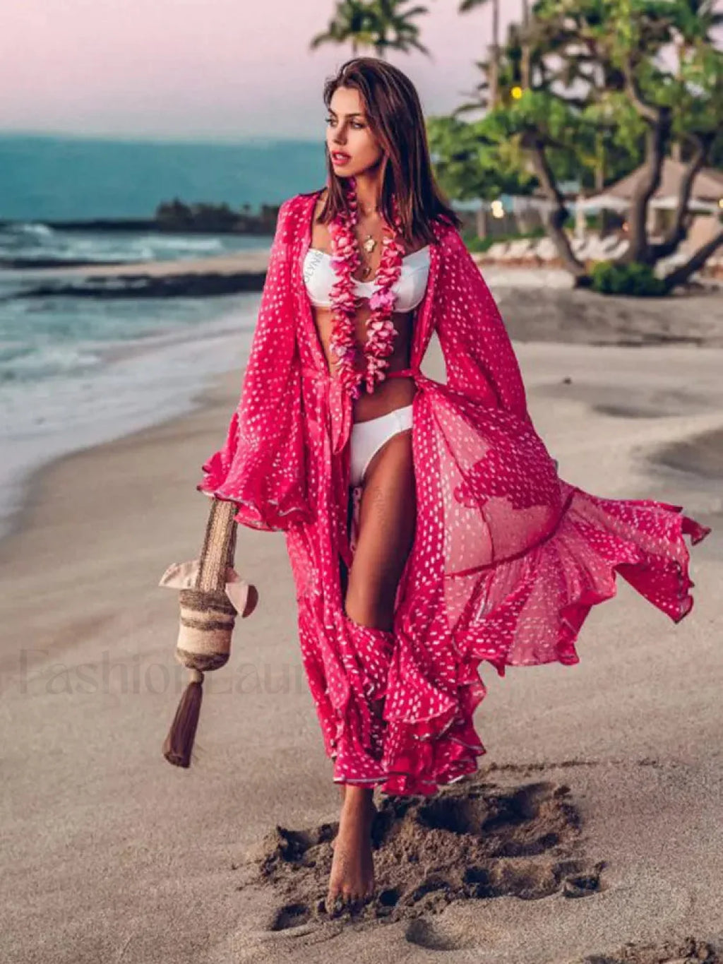 Bohemian Dot Ruffled Chiffon Cover Up Rose Red / One Size