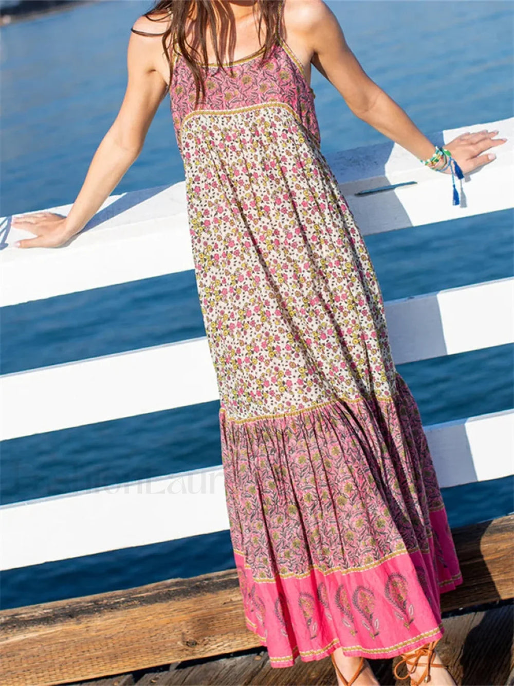 Bohemian Floral Strap Maxi Dress pink / S