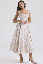 Bohemian Fragmented Flower Midi Dress Beige / S